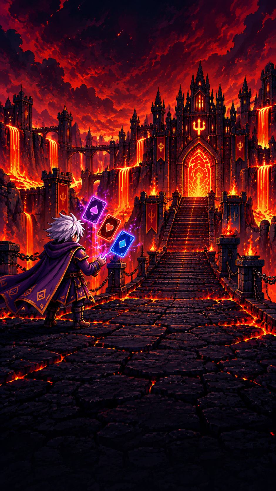 Pixel art from CardFall: a white-haired mage in a purple cloak holds out three glowing playing cards before a lava-lit stairway to a dark fortress.